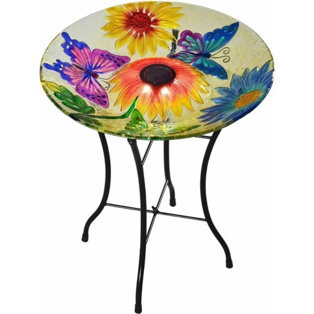 Handpainted Mosaic FlowerFusion Glass Pedestal BirdBath for Outdoor Patio Garden